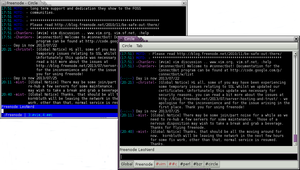 On the left, a terminal window with a Curses front-end of Circle running. On the right, a graphical window running a GTK 2 front-end of Circle. Both window show the same window with IRC connection logs