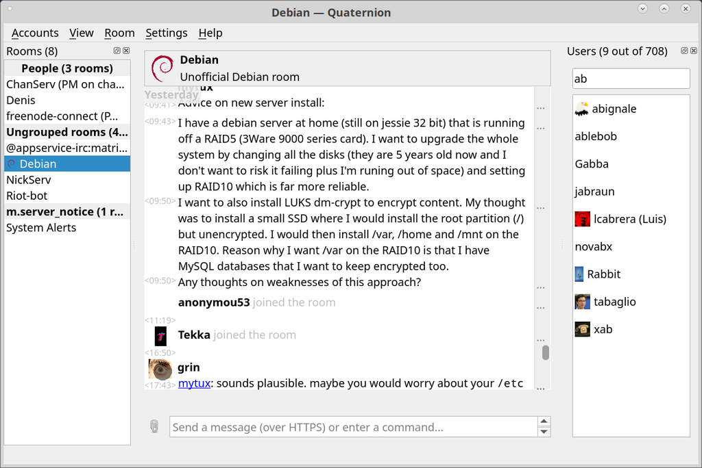 The main window of Quaternion showing the Unofficial Debian chat room in Matrix, a list of members of the room on the right, and a list of channels on the left